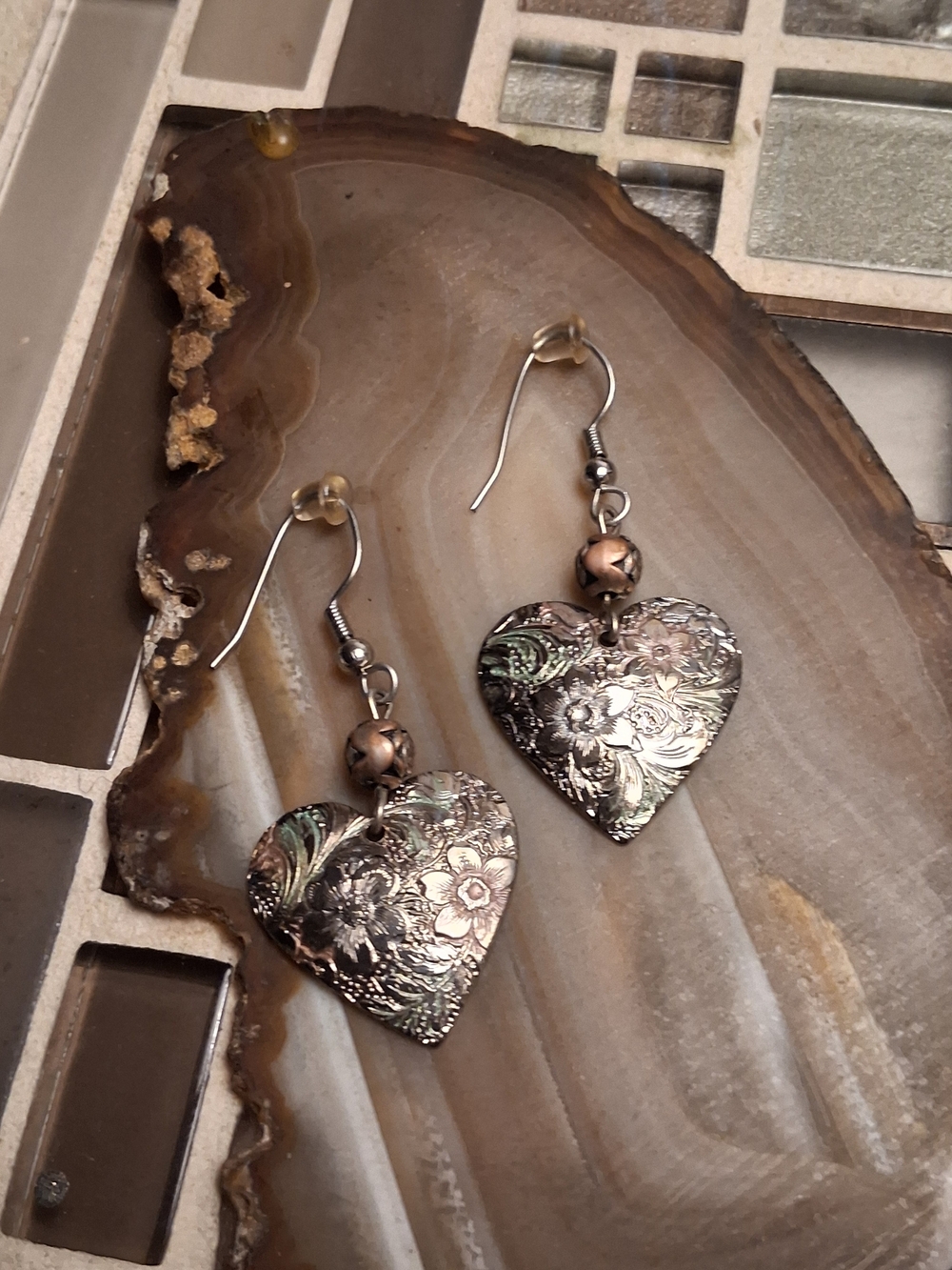 Artisan Two-Tone Floral Heart Drop Earrings in Silver & Rose